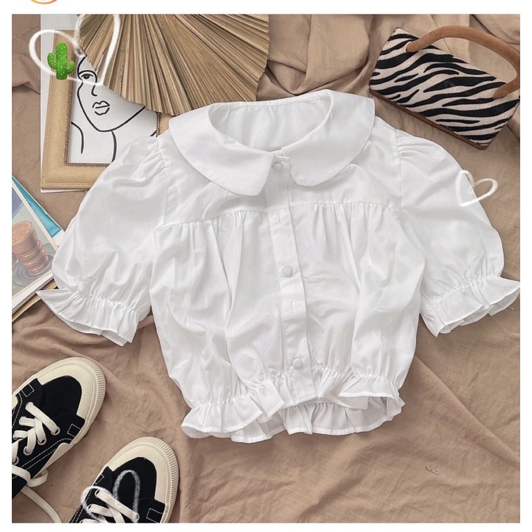 Áo kiểu croptop babydoll cổ bẻ tay ngắn phồng dáng rộng cột nơ màu trắng phong cách Hàn Quốc ulzzang thời trang cho nữ