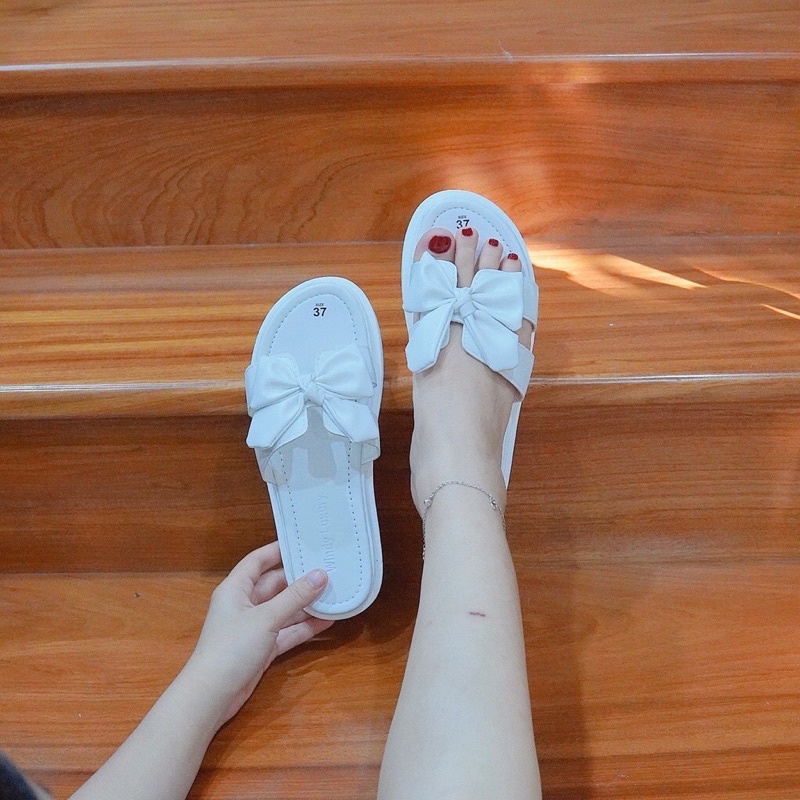 Dép Nữ Chữ H Thắt Nơ Da Đế Hộp Lửng Đi Siêu Êm Chân Màu Trắng Siêu Xinh