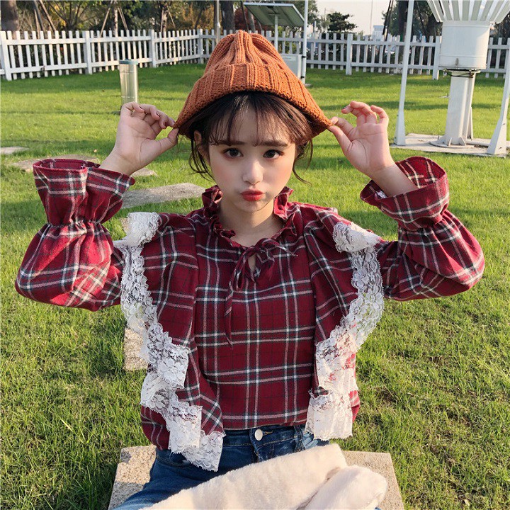 Áo sơ mi phối ren caro Mã: AM1398