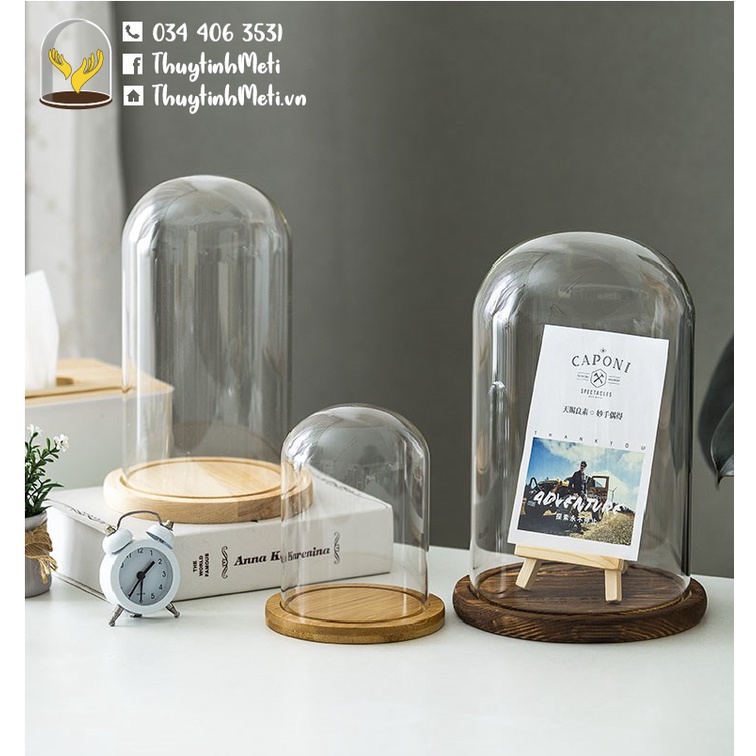 Chụp thủy tinh đế gỗ kích thước 15x25, kích thước tùy chỉnh theo yêu cầu