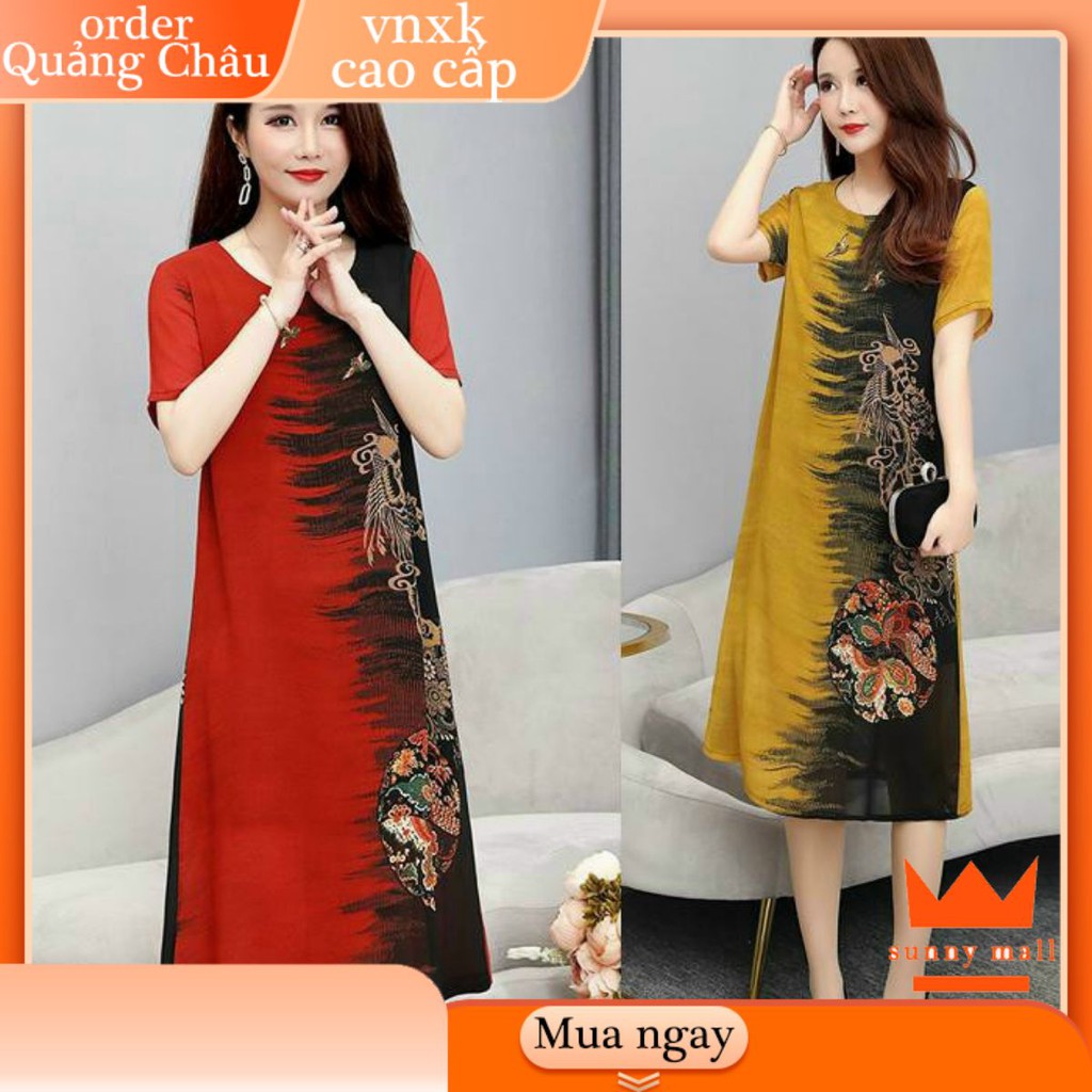 ĐẦM SUÔNG TRUNG NIÊN BIGSIZE IN HỌA TIẾT CHIM PHƯỢNG HOÀNG ĐẸP GIÁ RẺ