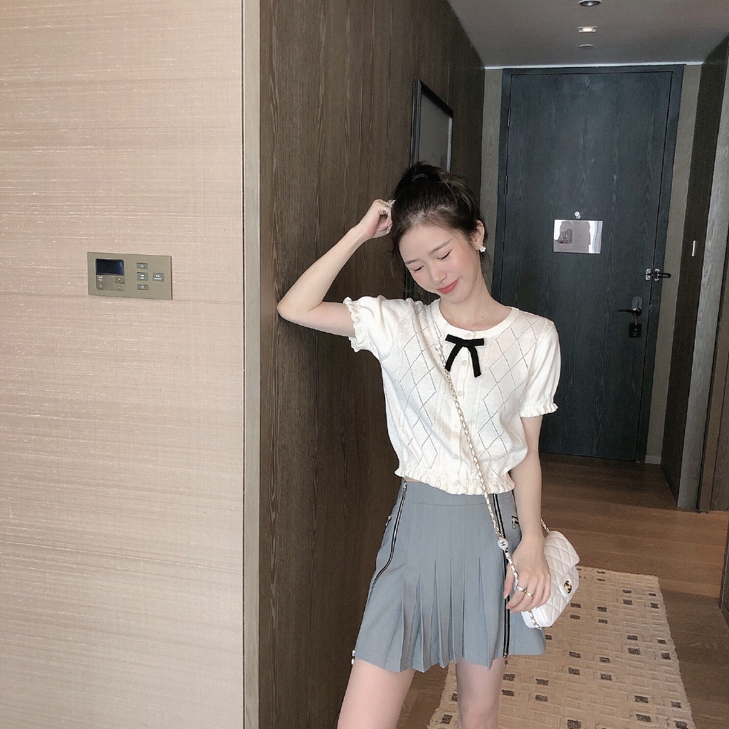 SUXI Áo Dệt Kim Tay Ngắn Phối Nơ Đáng Yêu Cho Phái Nữ