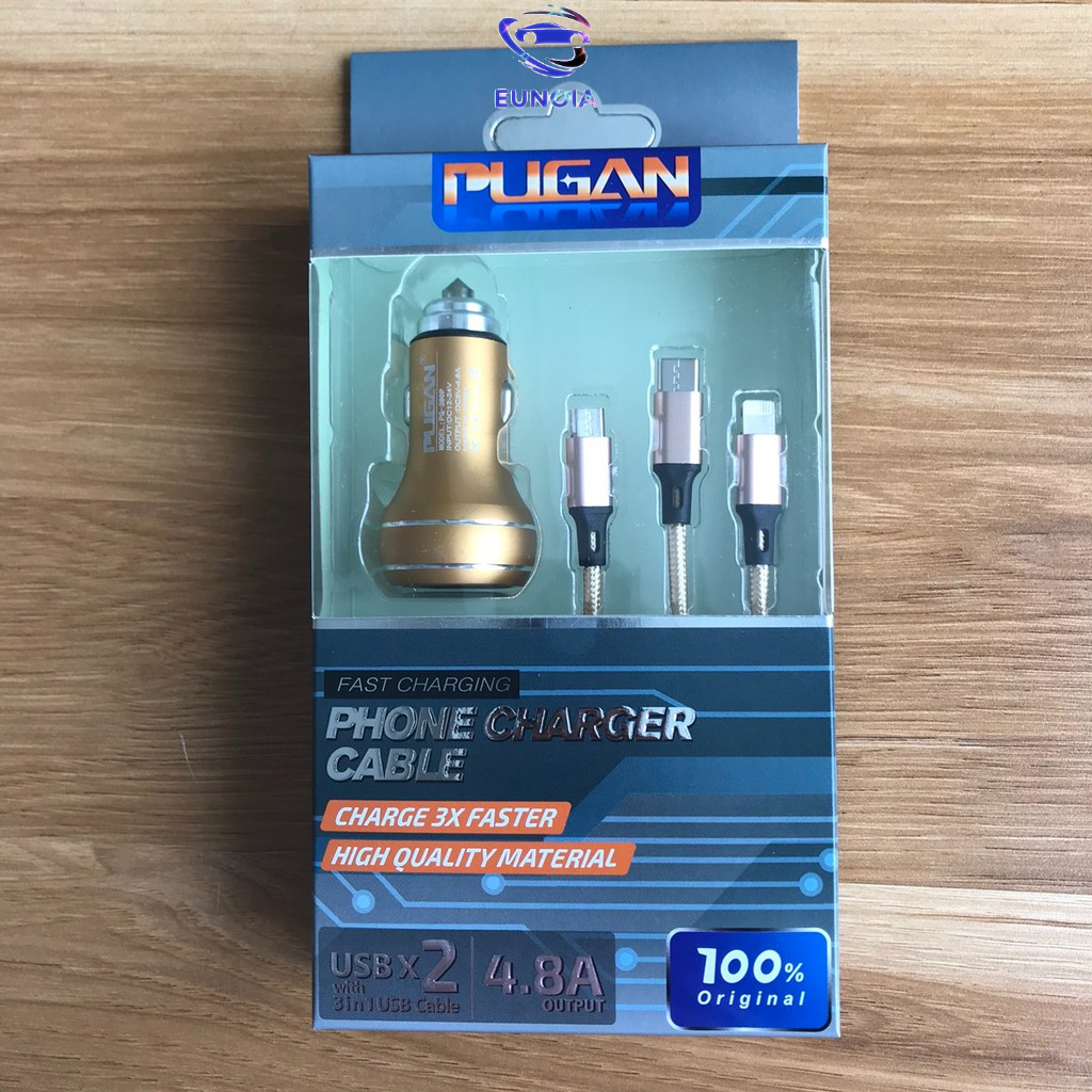 Tẩu Sạc, Dây Sạc 3 Đầu PUGAN, Sạc Nhanh Điện Thoại Và Thiết Bị Điện Tử Trên Ô Tô - Bộ Sạc 3 Trong 1 Cao Cấp