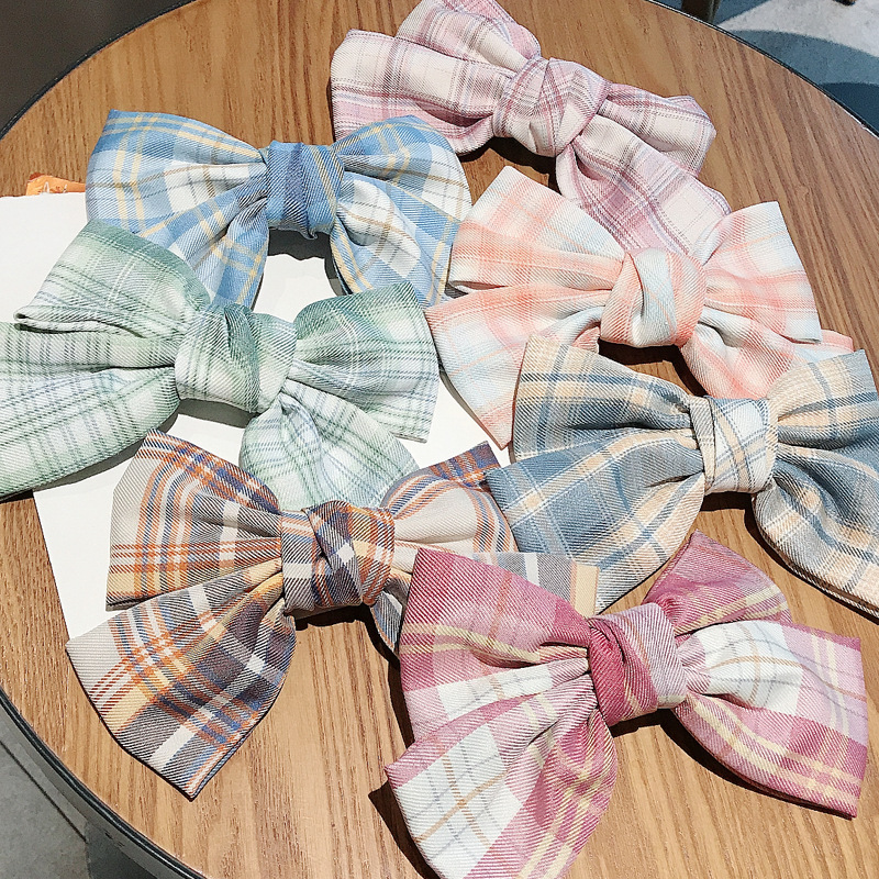 Kẹp tóc phối nơ cỡ lớn in họa tiết sọc caro chất liệu satin phong cách Nhật Bản tinh tế cho nữ