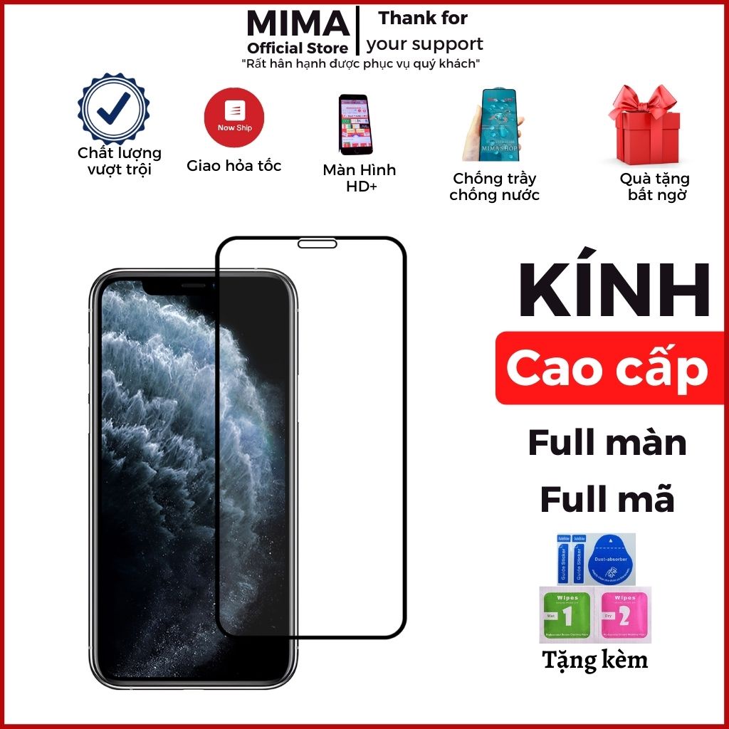 Kính cường lực 11D full màn 6/6plus/6s/7/7plus/8/8plus/x/xs/11/12/13/pro/max/promax - Mima Shop