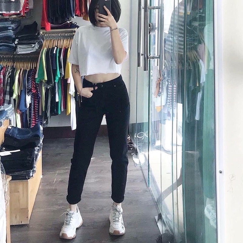 Quần jean baggy trắng đen 9 tấc co giãn