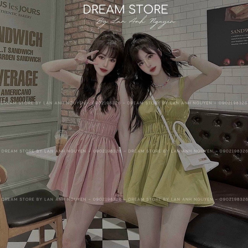 Đầm váy nữ 2 dây nhún eo xếp ly tầng nhỏ nhắn xinh xắn dành cho các công chúa đi chơi