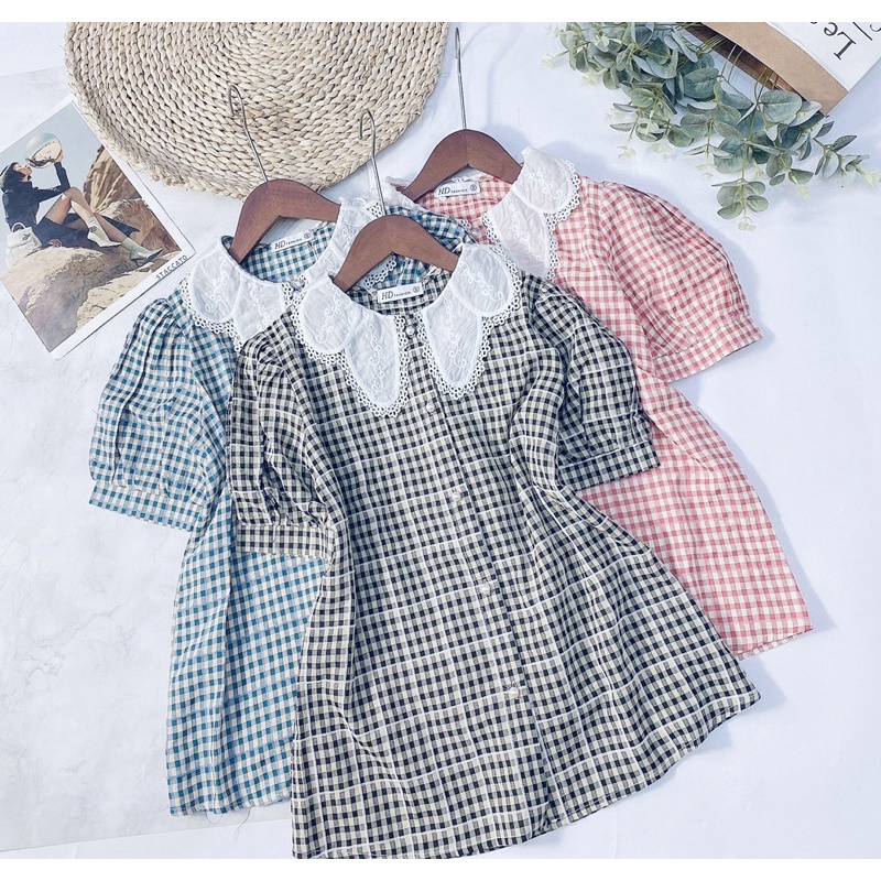 Áo kẻ caro cổ sen