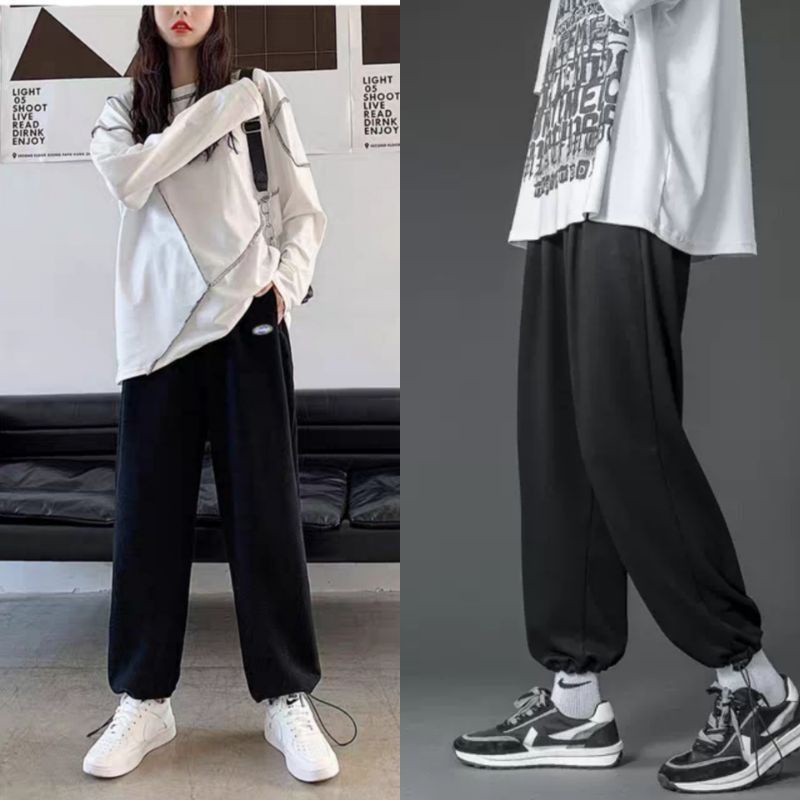 Quần jogger ống rộng lai thun cạp chun dây rút gấu unisex nam nữ 40kg - 97kg