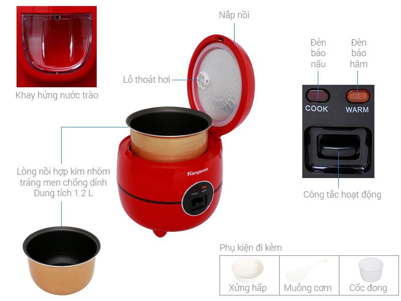 Nồi cơm điện Kangaroo 1.2 lít KG822 Mới 100% dung tích 1.2 lít dùng cho gia đình 2 - 4 người