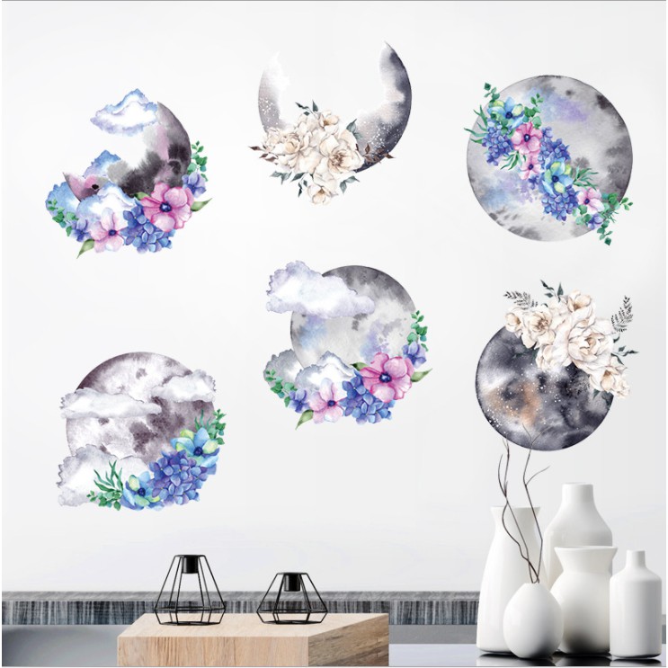 Decal dán tường trang trí - BỘ TRANH HOA TÍM TRĂNG HUYỀN ẢO HIỆN ĐẠI