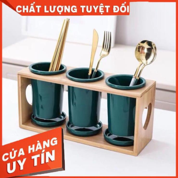 Ống Đựng Đũa, Bộ 3 Ống Đũa Sứ Kèm Giá Gỗ - Gia Dụng Đức Minh gia dụng giá vừa