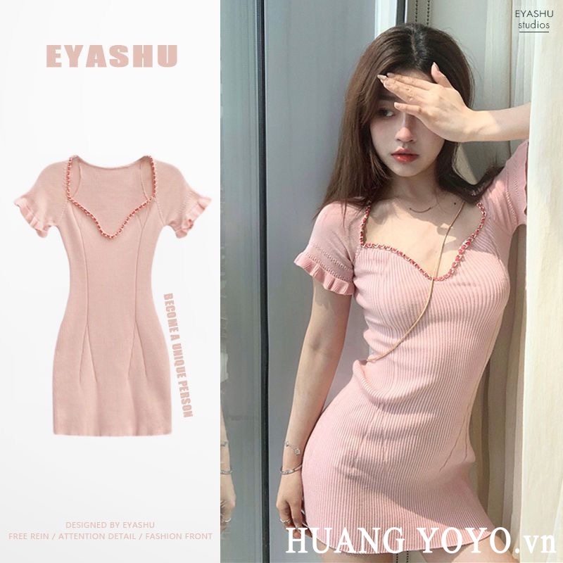 Đầm Tay Ngắn Cổ Chữ V Quyến Rũ Thời Trang Phong Cách Hàn Quốc Cho Nữ