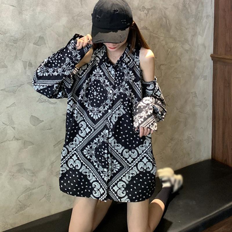 Áo sơ mi tay dài hở vai in họa tiết độc đáo phong cách Hàn Quốc retro