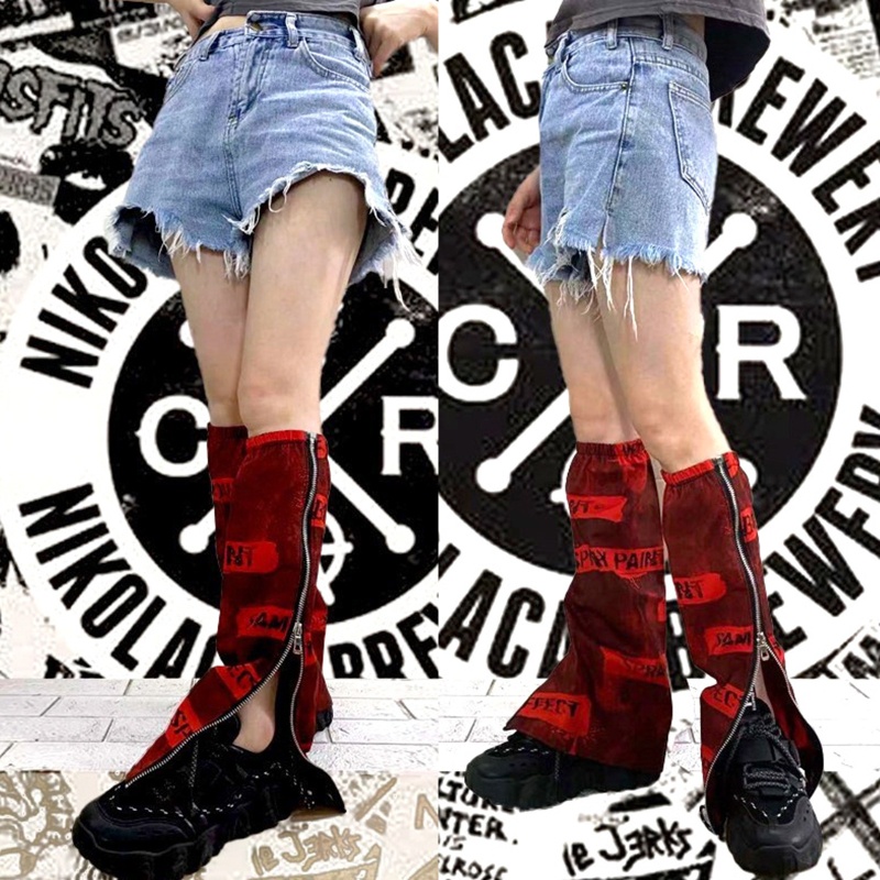 Xiangbao Vỏ Bọc Chân Loe In Chữ Goth Punk Hip Hop Harajuku Nhật Bản Màu Đỏ Giữ Ấm Có Khóa Kéo Bên Hông Cho Nữ