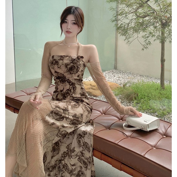 MARTHA | Váy Hoa Nữ Martha Sexy Lệch Vai Kiểu Pháp Cổ Lửng Dài Tay Túi Ngang Hông, Đầm Tiểu Thư Xẻ Tà Ulzzang