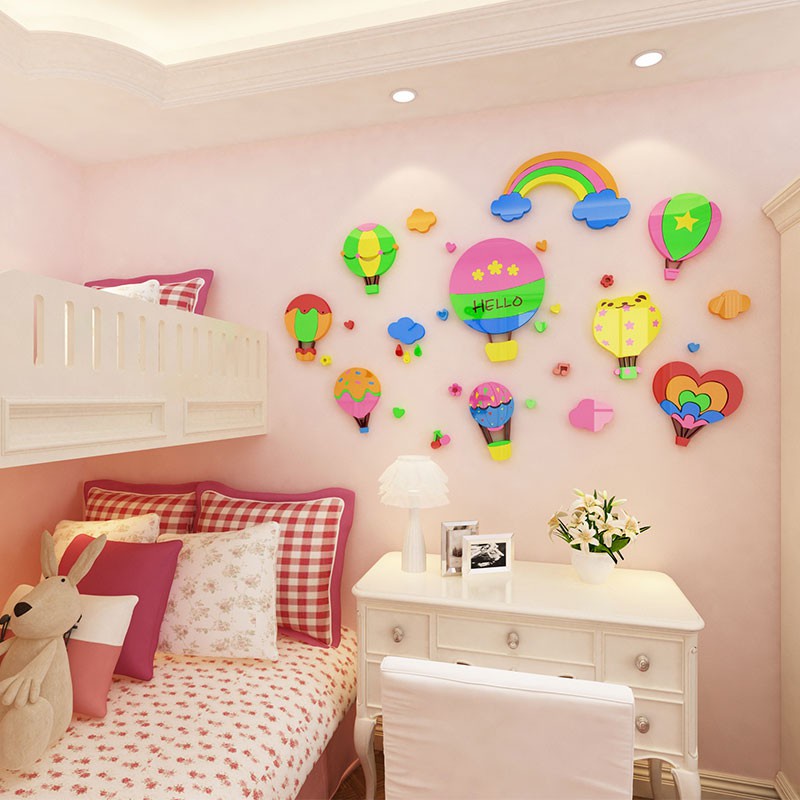 Tranh dán tường mica 3d decor khổ lớn khinh khí cầu sắc màu kiểu mới trang trí mầm non, phòng cho bé Nhiều Size - EPeBen