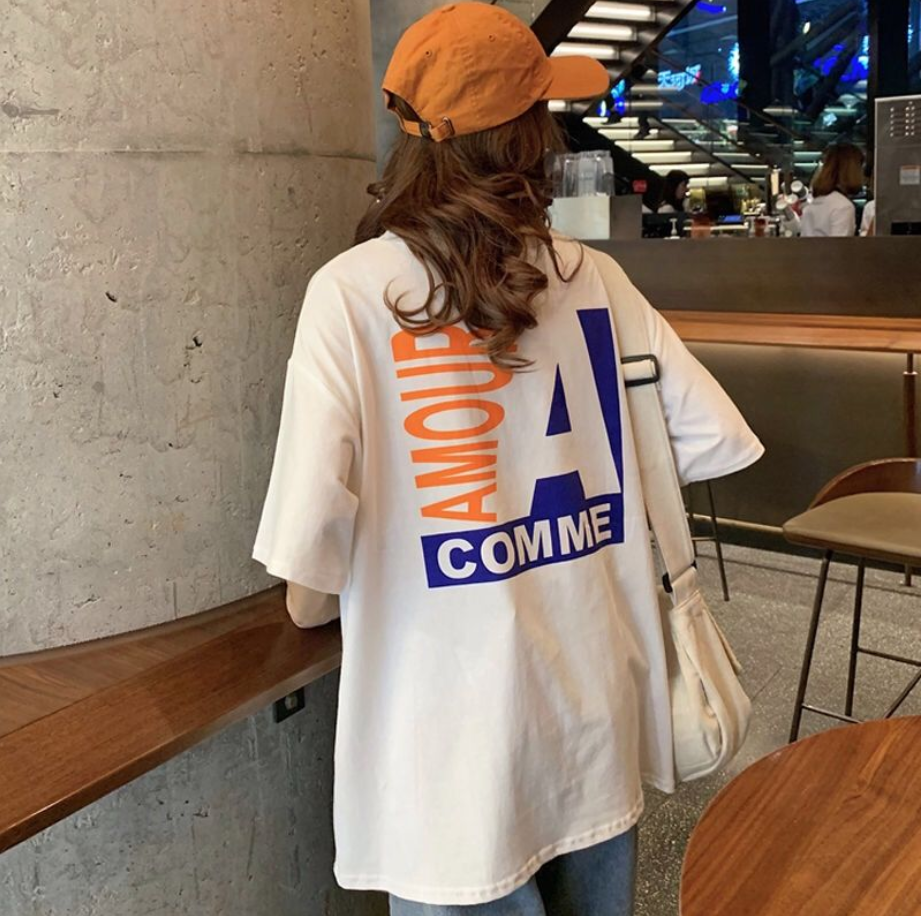 Áo Thun Tay Lỡ Hoạ Tiết Chữ In Thiết Kế Dáng Rộng Thoải Mái