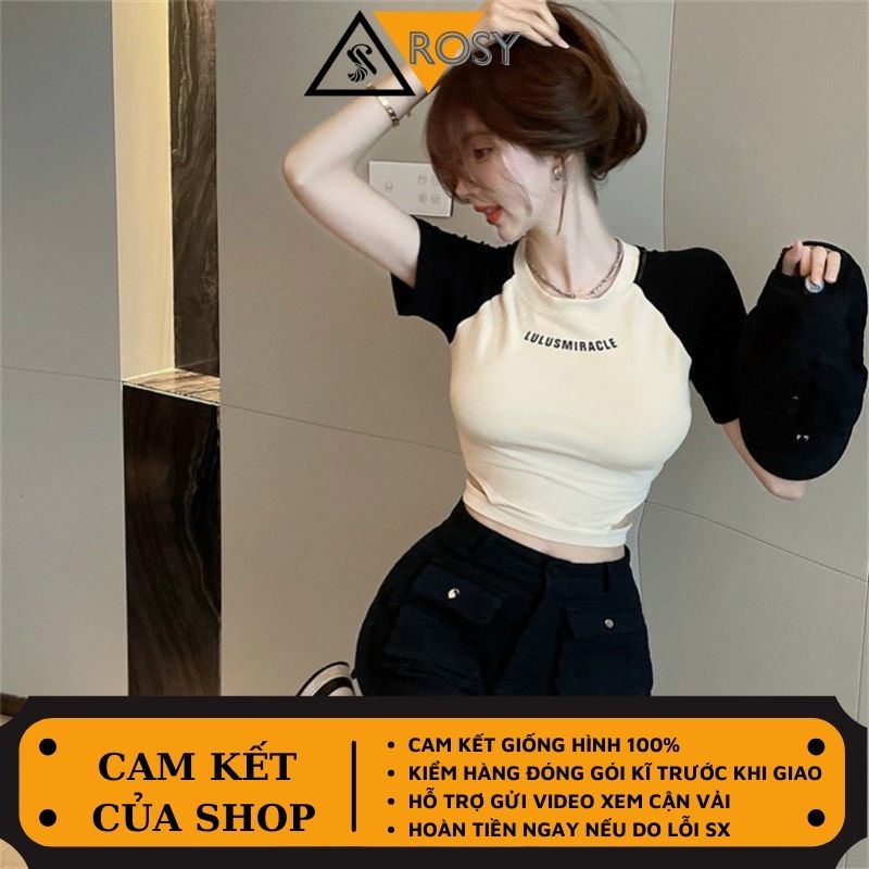 Áo kiểu croptop cổ tròn tay ngắn phối màu chất thun co giãn năng động cá tính