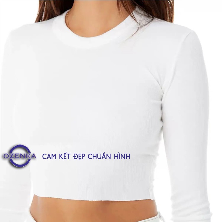 Áo croptop tay dài ôm nữ đen trắng thun gân OZENKA , áo thun crt body 100% cotton free size 40 đến 53 kg CRT 263