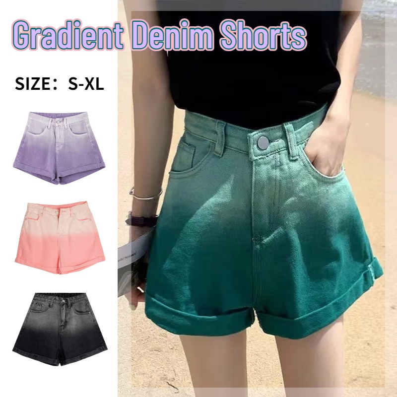 Quần Short denim Lưng Cao Ống Rộng Màu gradient Thời Trang Mùa Hè 2022 Cho Nữ