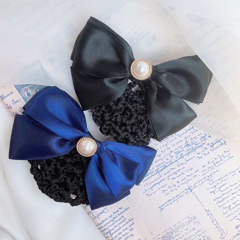 Kẹp tóc búi lưới công sở nơ satin đính charm L8