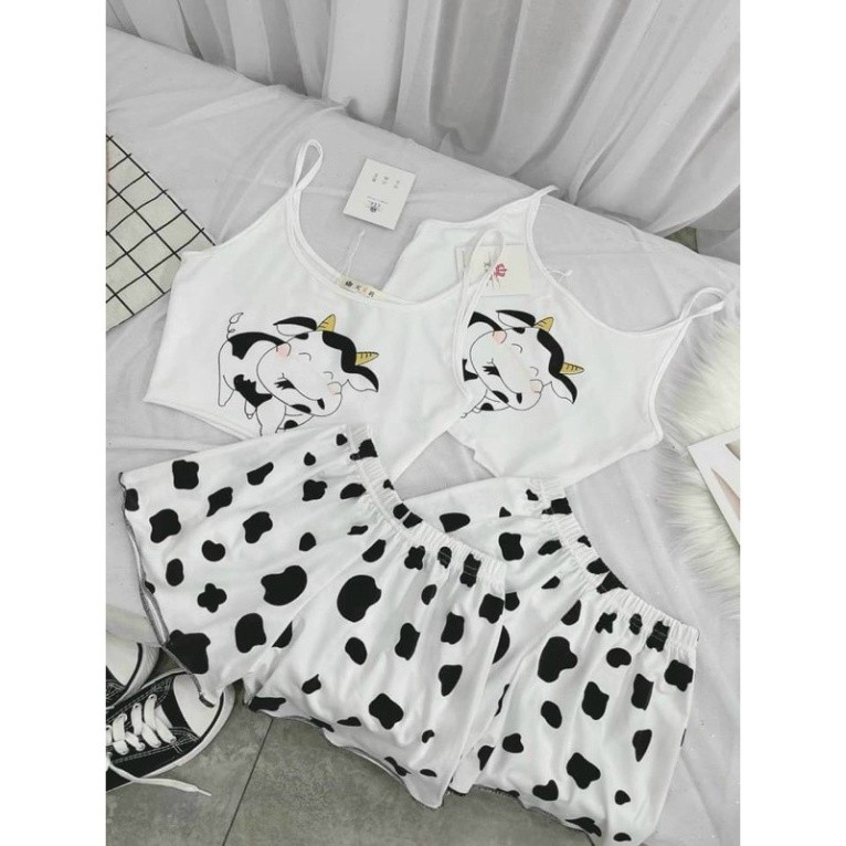 Đồ bộ nữ mặc nhà đồ ngủ hai dây hình bò sữa chất cotton 4 chiều thoáng mát mềm đẹp