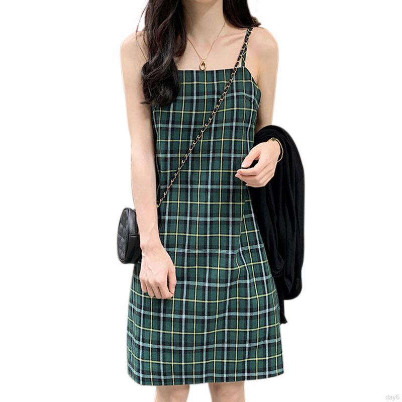 Đầm Nữ Hai Dây Ôm Dáng Họa Tiết Caro Phong Cách Hàn Quốc