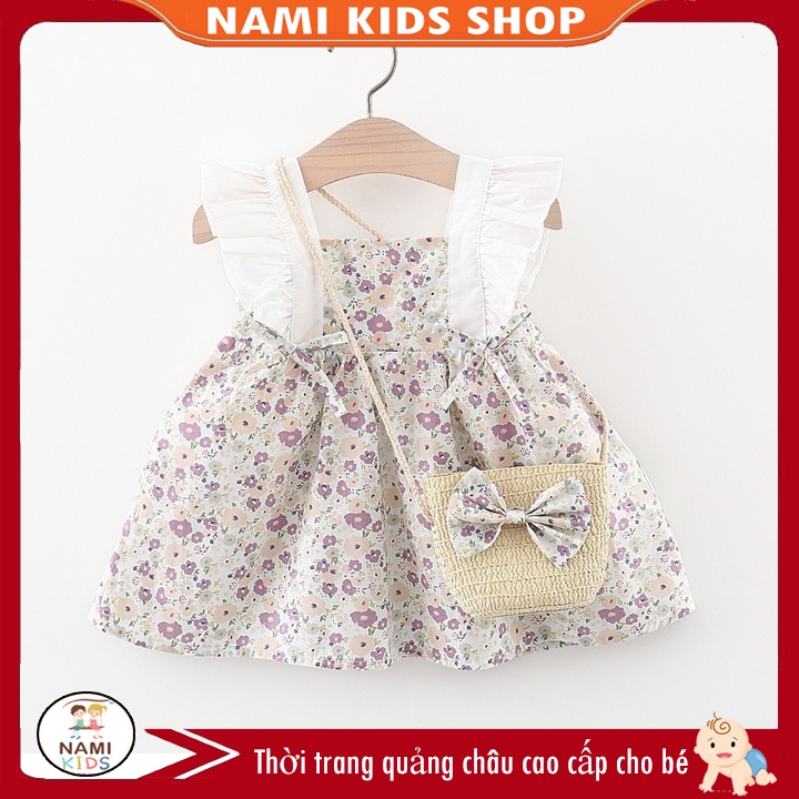 Đầm hoa nhí cánh tiên kèm túi cói dễ thương cho bé gái
