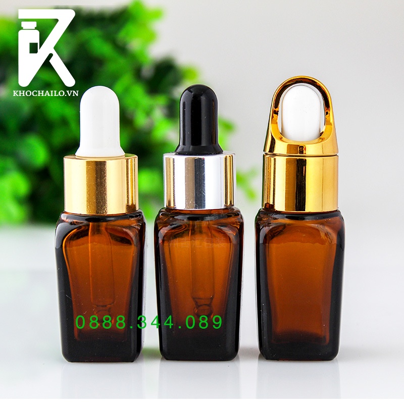 Chai tinh dầu serum thủy tinh vuông nâu khoen vàng,bạc,đen,trắng ống thủy tinh bóp trắng , bóp đen 10ml,20ml,30ml,50ml