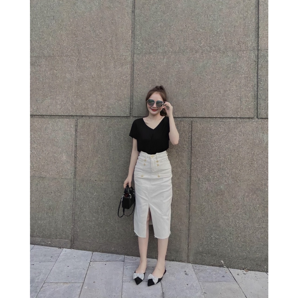 Chân Váy Jeans Nữ Đính Túi Trước Xẻ Tà 🦋 Váy Bò Nữ Dáng Chữ A Cạp Cao FullSize 2 Màu 🦋