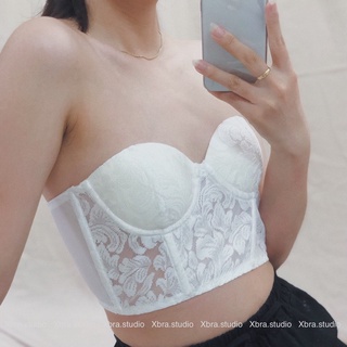 Áo corset ren lưới thêu hoạ tiết chìm màu trắng