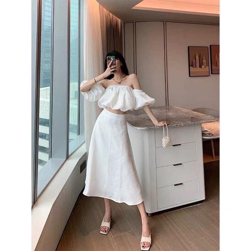 Set áo croptop rớt vai kèm chân váy dáng dài