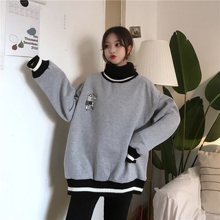 Áo Sweater dáng rộng cổ cao phối nhung dày dặn ấm áp kiểu hàn quốc