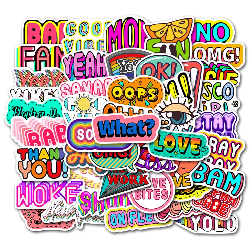 50 / 25 / 10 Miếng dán trang trí laptop / ván trượt in chữ tiếng Anh hoạt hình cá tính độc đáo