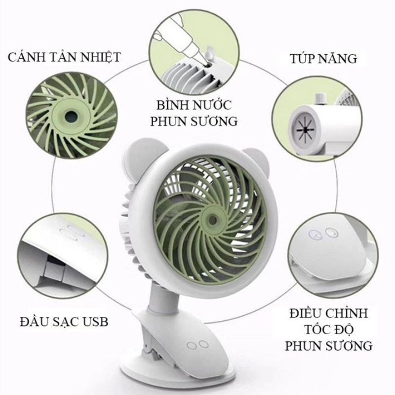 Quạt Phun Sương Mini Tích Điện Để Bàn Đa Năng, Quạt Mini, Có Kẹp Bàn, 3 Cấp Độ Gió