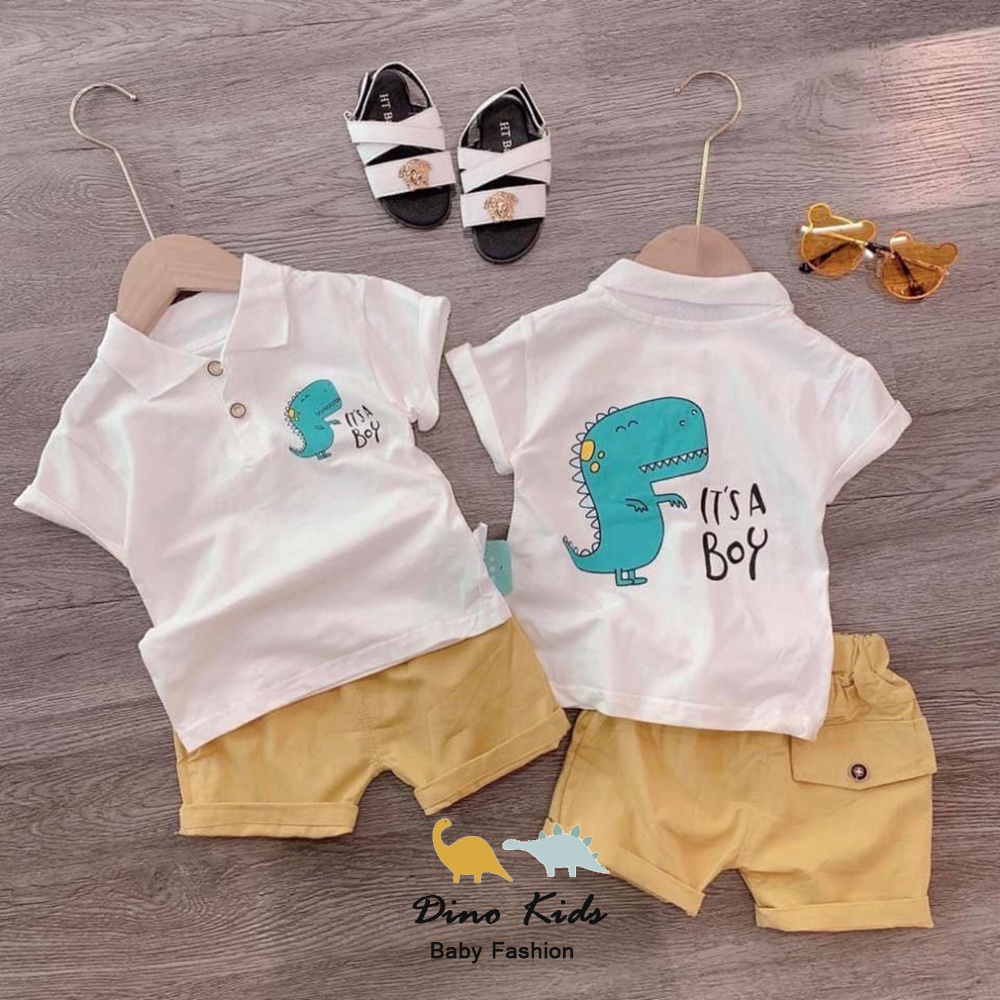 Bộ cộc tay bé trai, Bộ áo polo trắng kèm quần kaki cho bé trai,  Bộ KL áo trắng cộc tay it's a boy cho bé
