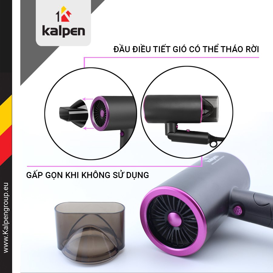 Máy sấy tóc công suất lớn tạo kiểu Kalpen với 3 chế độ sấy thông minh, công suất 1800w