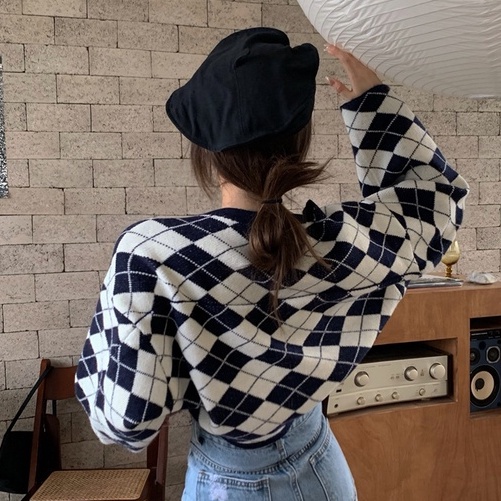 【ZHELIHANGFEI】Áo Khoác Cardigan Dệt Kim Tay Dài Họa Tiết Sọc Caro Phong Cách Quyến Rũ