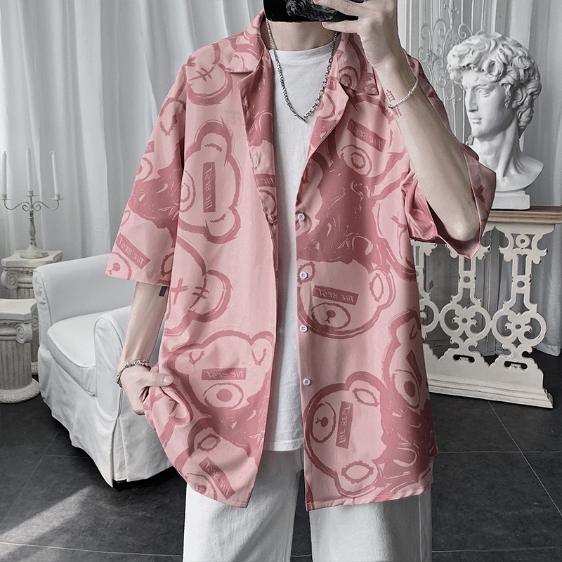 Áo Sơ Mi Cotton Tay Ngắn Dáng Rộng In Hình Gấu Thời Trang Phong Cách Hip Hop Hàn Quốc Cho Nam Size M-3Xl 3 Màu Tùy Chọn | BigBuy360 - bigbuy360.vn