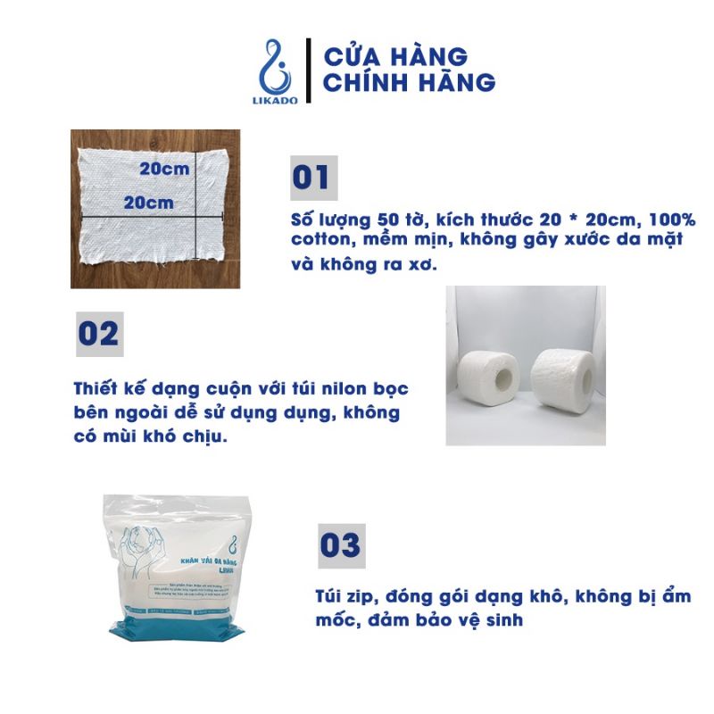 Khăn lau mặt 1 lần LIKADO tẩy trang, lau khô, lau ướt, cotton mềm, dai, mịn