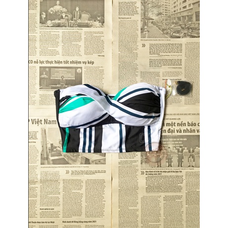 Áo CROPTOP Bikini nữ đồ bơi đi biển 2 mảnh quây ngực hở vai chui đầu có dây cổ phối sọc màu đen xanh dún ngực có mút