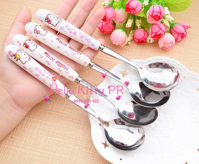 Muỗng nĩa inox cán sứ Hello Kitty