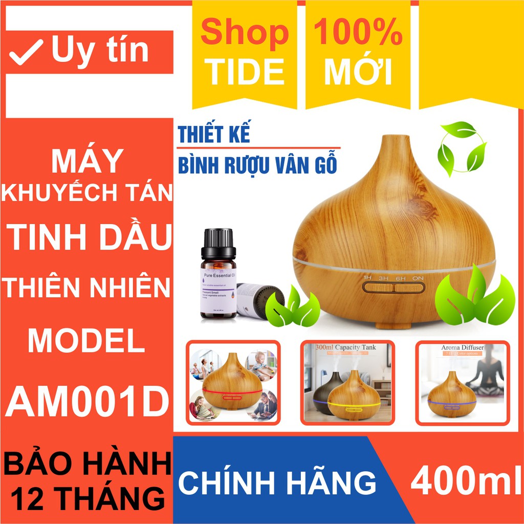 Thiết bị khuếch tán tinh dầu Aroma AM001D – Thiết kế bầu rượu vân gỗ – Dung tích 400ml - Led 7 màu – Bảo hành 1 năm