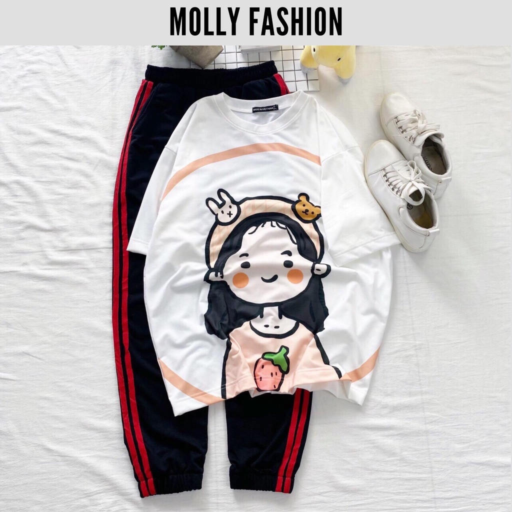 Set đồ bộ quần dài Jogger 2 Sọc GIRL DÂU ❤️ Bộ hoạt hình form rộng Freesize Molly Fashion