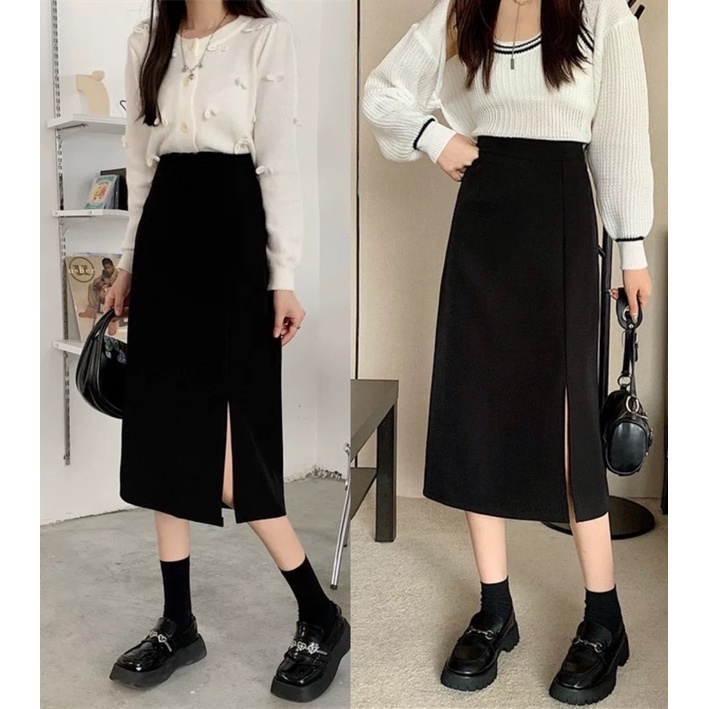 Chân váy midi xẻ tà dài dáng chữ A lưng cao, Chân váy dài ulzzang công sở, đi chơi đẹp – (CV04)