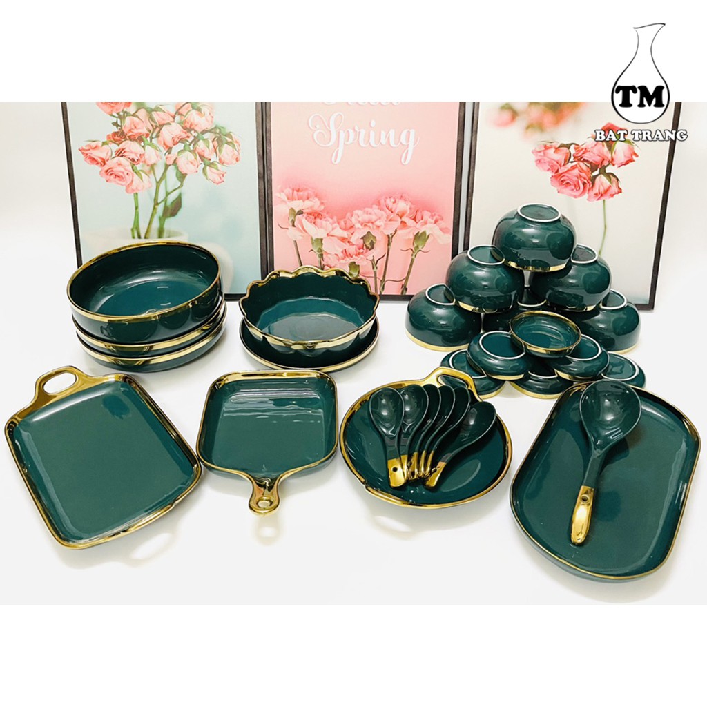 Bộ Đồ Ăn 28 Món Xưởng Gốm TM Màu Xanh Dương Viền Vàng Hình Dáng Mới Lạ, Độc Đáo