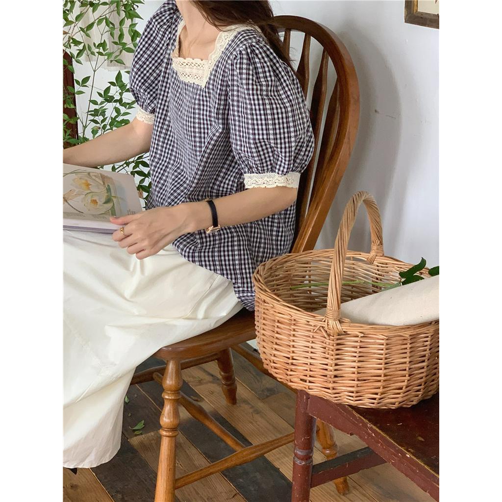 Áo Sơ Mi Nữ Tay Ngắn Kẻ Sọc Caro Phối Ren 54808