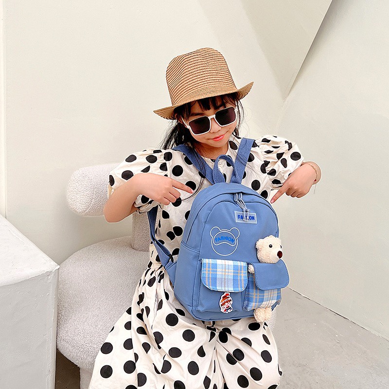 Balo mẫu mới cho bé kèm gấu đính trên cặp siêu cute, Hàng Quảng Châu Cao Cấp