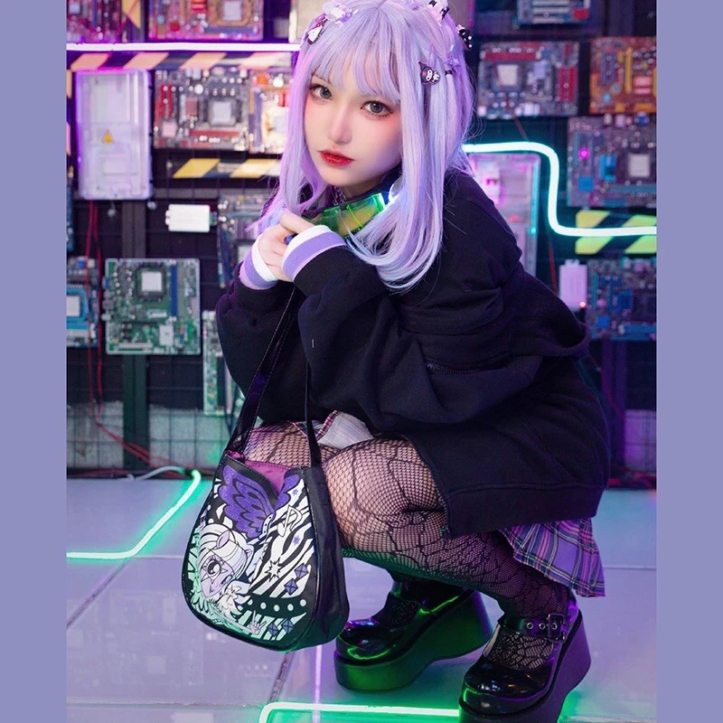 Phù thủy nhỏ hắc ám, Bengdi, hip hop tím, y2k, hot girl, cool girl, túi đeo vai, túi baguette